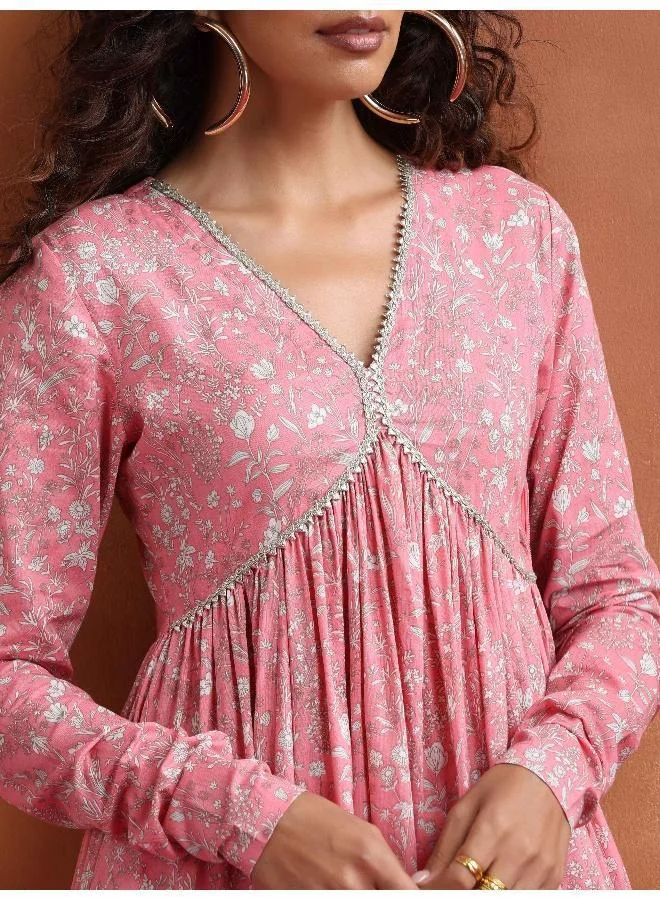 trueBrowns Pink Print Flared Anarkali Kurta Set
