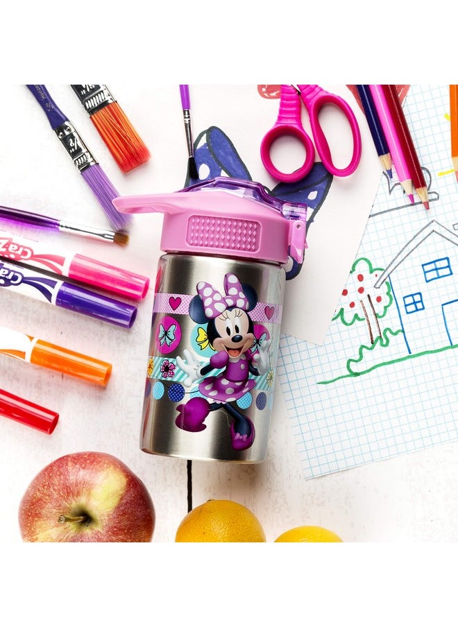 زاك ديزاينز زجاجة مياه من الفولاذ المقاوم للصدأ من Disney Minnie's Happy Helpers مع غطاء تشغيل بيد واحدة وحلقة حمل مدمجة للأطفال مع فوهة شرب من القش (15.5 أونصة 18/8 خالية من مادة Bpa)  - Image 2