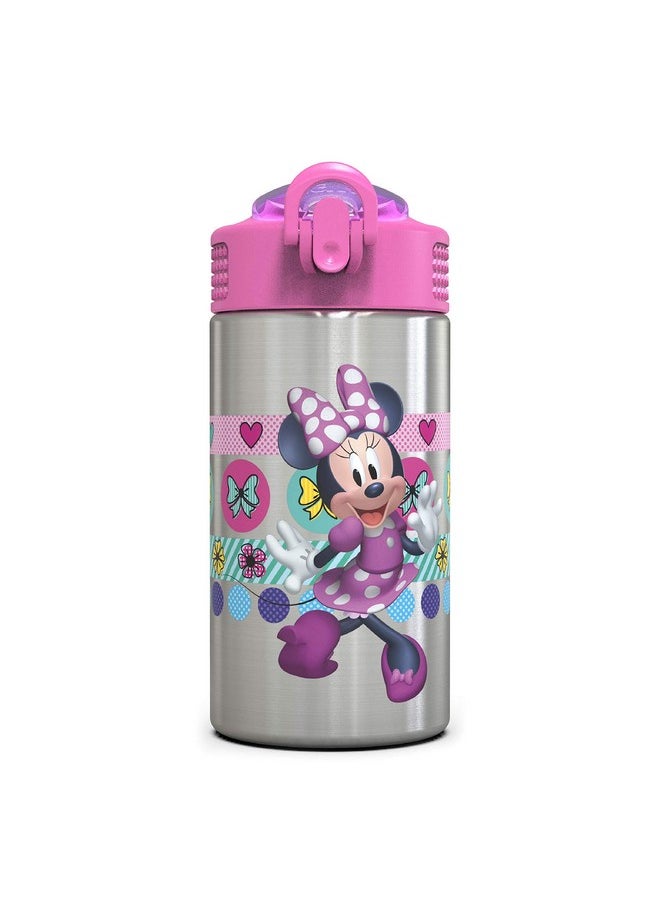 زاك ديزاينز زجاجة مياه من الفولاذ المقاوم للصدأ من Disney Minnie's Happy Helpers مع غطاء تشغيل بيد واحدة وحلقة حمل مدمجة للأطفال مع فوهة شرب من القش (15.5 أونصة 18/8 خالية من مادة Bpa)  - Image 1