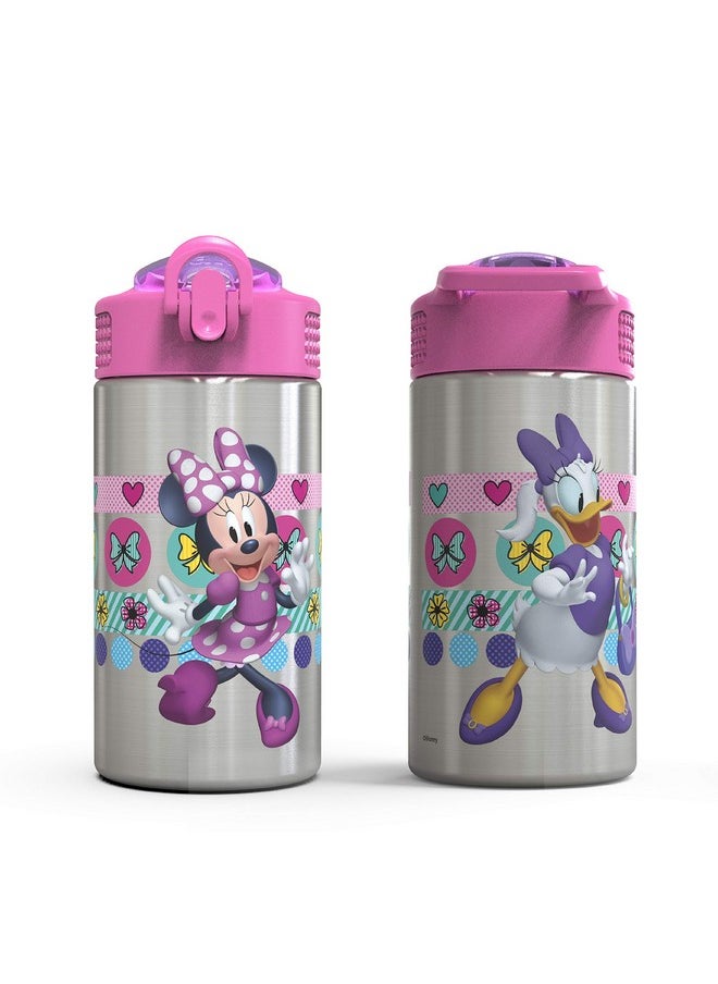 زاك ديزاينز زجاجة مياه من الفولاذ المقاوم للصدأ من Disney Minnie's Happy Helpers مع غطاء تشغيل بيد واحدة وحلقة حمل مدمجة للأطفال مع فوهة شرب من القش (15.5 أونصة 18/8 خالية من مادة Bpa)  - Image 3