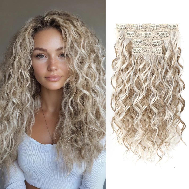 REECHO Curly Hair Extensions 4PCS 16 inch Clip in Hair Extensions Lace Weft Short Curly Hair Extensions Clip Ins Invisible Natural Hairpieces for Women Ash Blonde with Highlights - Image 2