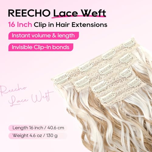 REECHO Curly Hair Extensions 4PCS 16 inch Clip in Hair Extensions Lace Weft Short Curly Hair Extensions Clip Ins Invisible Natural Hairpieces for Women Ash Blonde with Highlights - Image 3