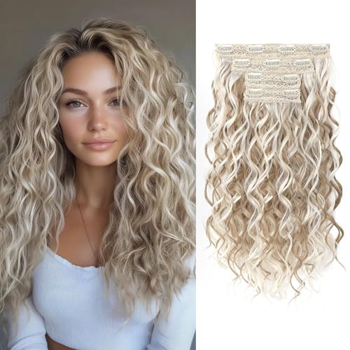 REECHO Curly Hair Extensions 4PCS 16 inch Clip in Hair Extensions Lace Weft Short Curly Hair Extensions Clip Ins Invisible Natural Hairpieces for Women Ash Blonde with Highlights - Image 1