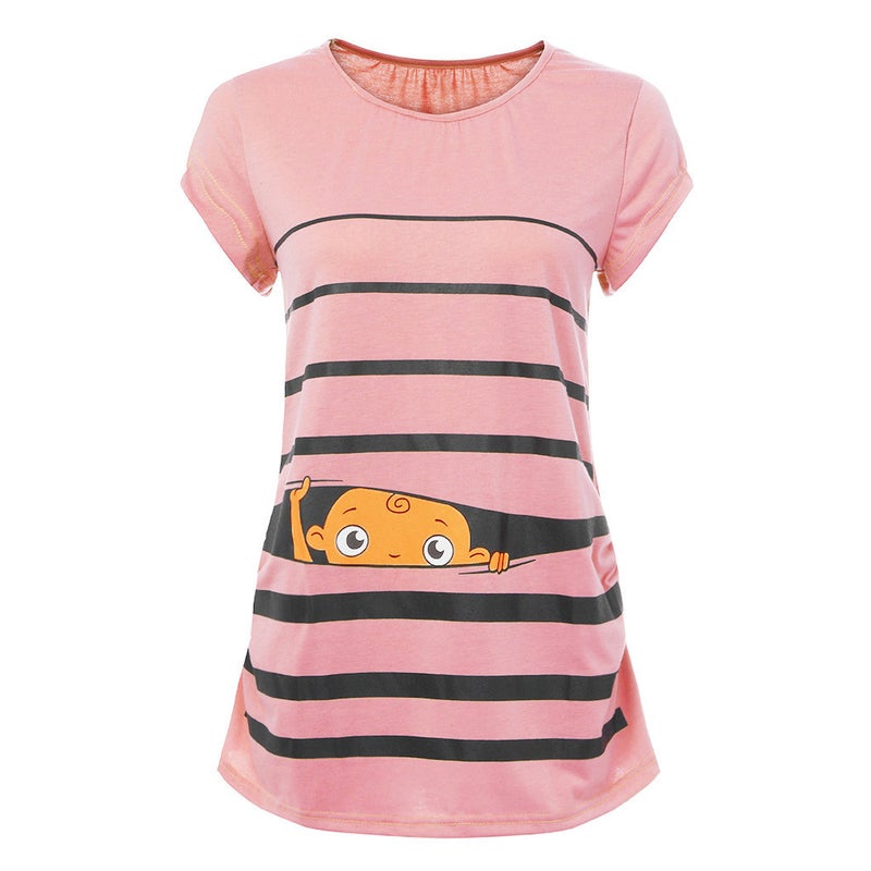 2021wish ebay cute baby plus size round neck print short sleeve maternity T-shirt Pink M - Image 1