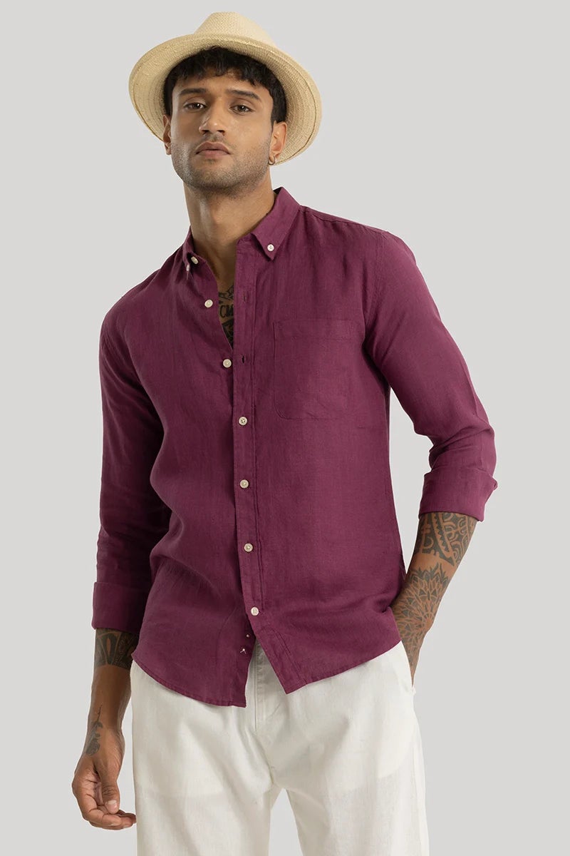 SNITCH Elementary Magenta Plain 100% Linen Shirt - Image 1