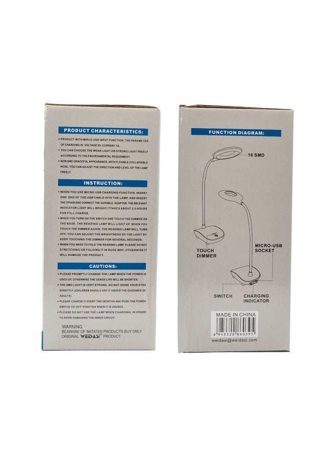 ويداسي مصباح مكتب LED قابل لإعادة الشحن WD-6039 | تعتيم باللمس بثلاث مستويات | مصباح دراسة مرن بمنفذ USB | شحن USB | مصباح LED ناعم للعناية بالعينين للقراءة والعمل - Image 3