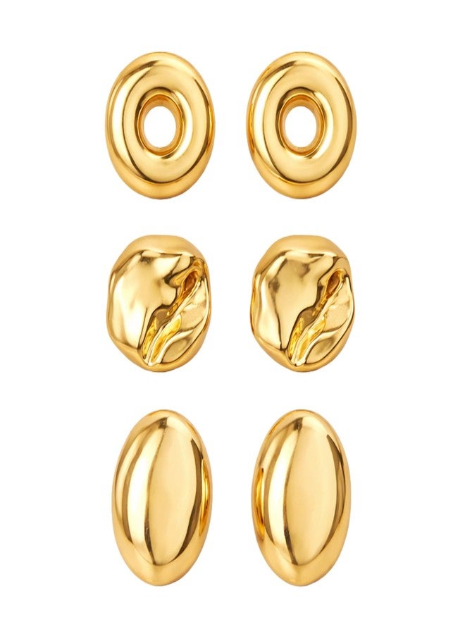 Salve Gold Chunky Statement Earrings Set for Women Stylish Combo | Sleek Ear Accessories for Women Beach Jewellery, Girls Ear Tops Set of 3 | Aesthetic Jewellery Valentine's Gift for Girlfriend - Image 1