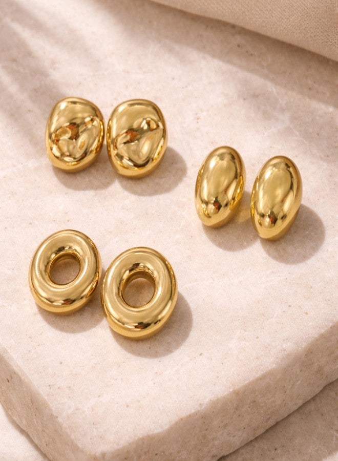Salve Gold Chunky Statement Earrings Set for Women Stylish Combo | Sleek Ear Accessories for Women Beach Jewellery, Girls Ear Tops Set of 3 | Aesthetic Jewellery Valentine's Gift for Girlfriend - Image 2