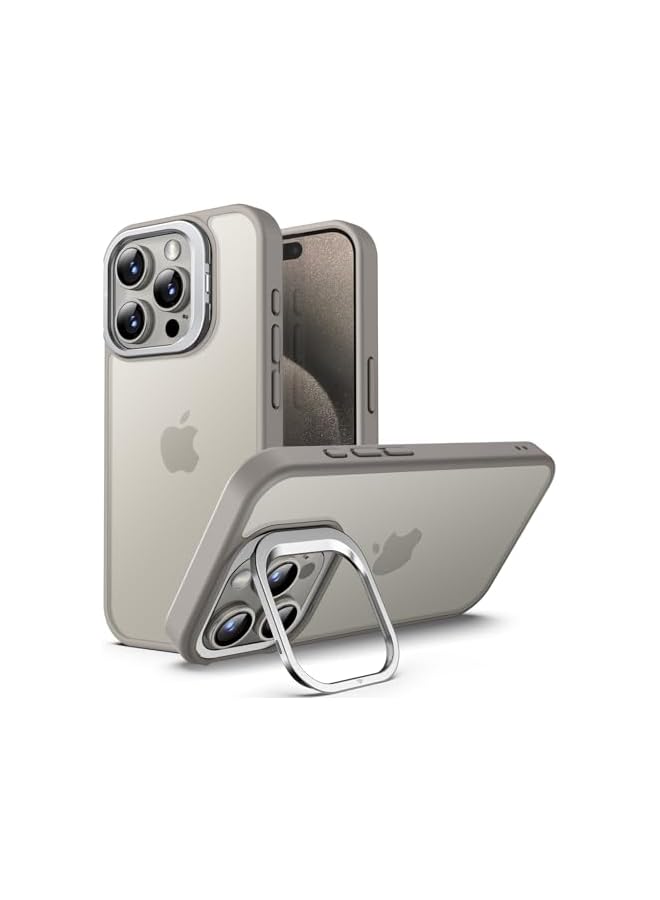 جي تيك حافظة JETech بمسند لهاتف iPhone 15 Pro مقاس 6.1 بوصة، حامل كاميرا مدمج قابل للتعديل، حماية من السقوط من الدرجة العسكرية، غطاء هاتف خلفي شفاف غير لامع مقاوم للصدمات (تيتانيوم طبيعي)