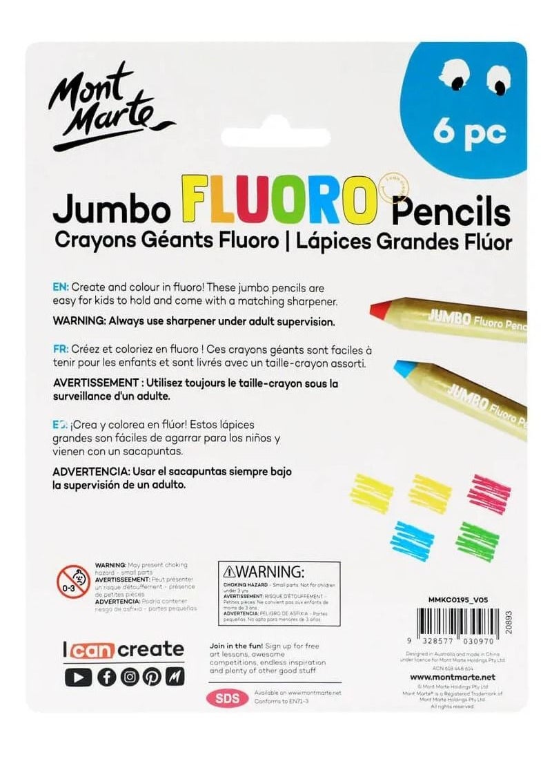 Jumbo Fluoro Colour Pencils With Sharpener 6 Pces