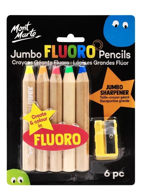 Jumbo Fluoro Colour Pencils With Sharpener 6 Pces