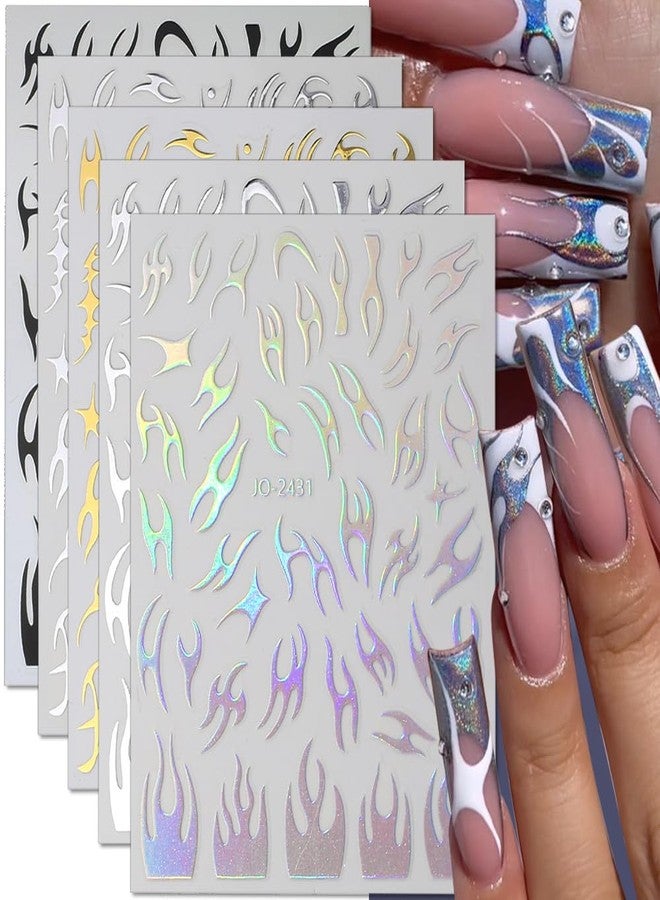 JALIYA 8 Sheets Irregular Flame Nail Art Stickers - Metallic Silver, Black, White, Gold - Y2k Self-Adhesive Decals for Women's Nail Design and Supplies - Image 1