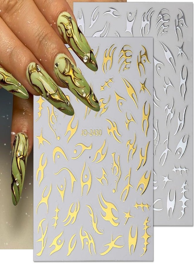 JALIYA 8 Sheets Irregular Flame Nail Art Stickers - Metallic Silver, Black, White, Gold - Y2k Self-Adhesive Decals for Women's Nail Design and Supplies - Image 3