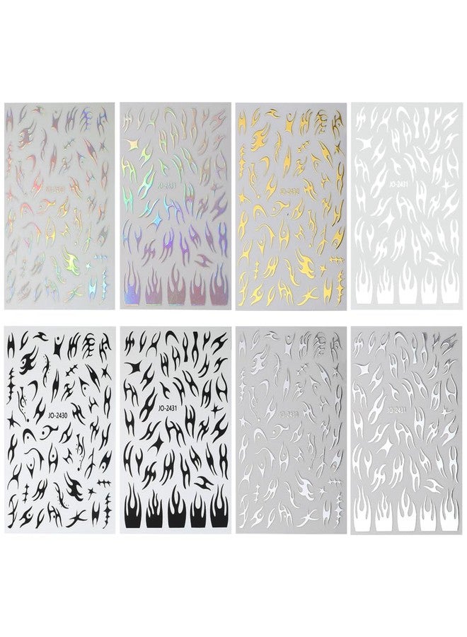 JALIYA 8 Sheets Irregular Flame Nail Art Stickers - Metallic Silver, Black, White, Gold - Y2k Self-Adhesive Decals for Women's Nail Design and Supplies - Image 2