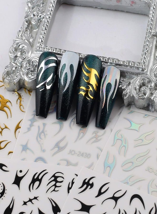 JALIYA 8 Sheets Irregular Flame Nail Art Stickers - Metallic Silver, Black, White, Gold - Y2k Self-Adhesive Decals for Women's Nail Design and Supplies - Image 5