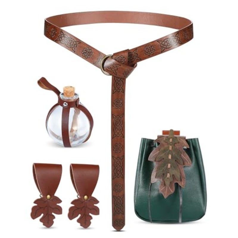 Twistover 6 Pcs Women Renaissance Accessories Leaf Belt Bag Medieval Viking Belt Potion Bottles Leather Skirt Hikes - Image 1