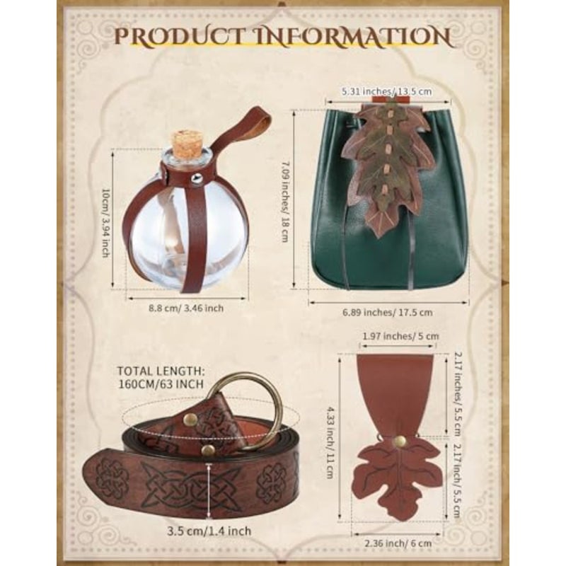 Twistover 6 Pcs Women Renaissance Accessories Leaf Belt Bag Medieval Viking Belt Potion Bottles Leather Skirt Hikes - Image 2