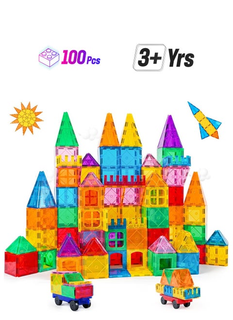 100 Pcs Magnetic Tiles 3D Building Blocks Set Deluxe Building Blocks Magnet Toys For Toddlers Stem Sensory Creative Kids Manipulative Preschool Learning  Deluxe Set With 2 Cars Ages 3+