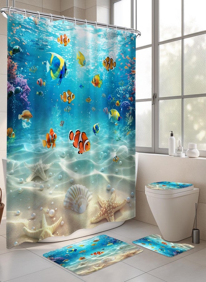 اميريل طقم ستارة حمام من إيميريل مكون من 4 قطع بتصميم أسماك المحيط مع سجاد، طقم حمام بتصميم أسماك استوائية تحت الماء مع سجاد وإكسسوارات للاستحمام - غطاء للمرحاض، سجاد مانع للانزلاق، وحصيرة على شكل حرف U لتزيين الحمام - Image 4