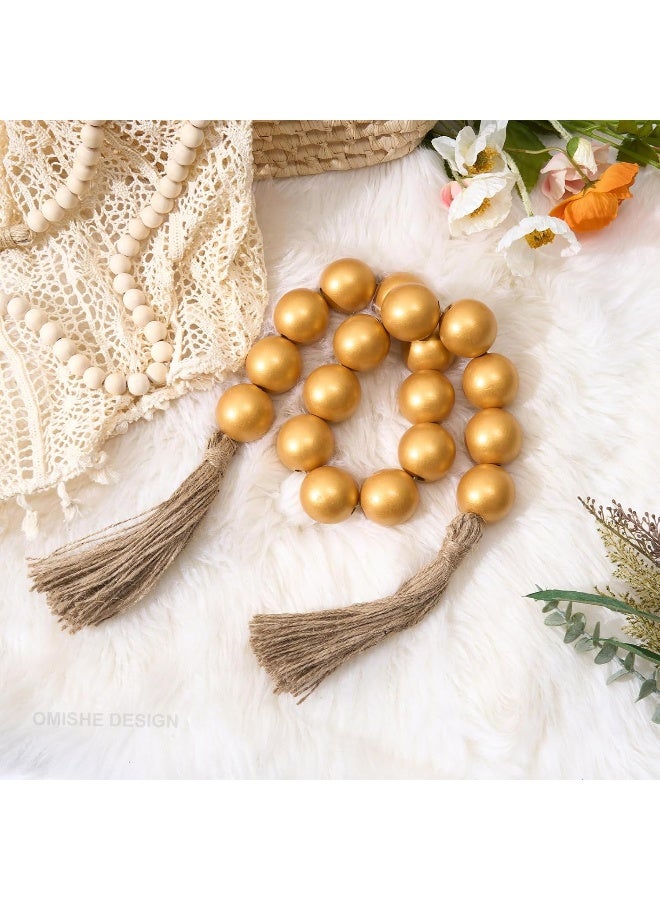 OMISHE OMISHE Large Wood Bead Garland Gold with 1.6'' Diameter Wooden Beads and Tassels, 41'' Long Rustic Farmhouse Country Wood Beads Garland for Home Tiered Tray Decor, Decorative Beads Garland Gold  - Image 4