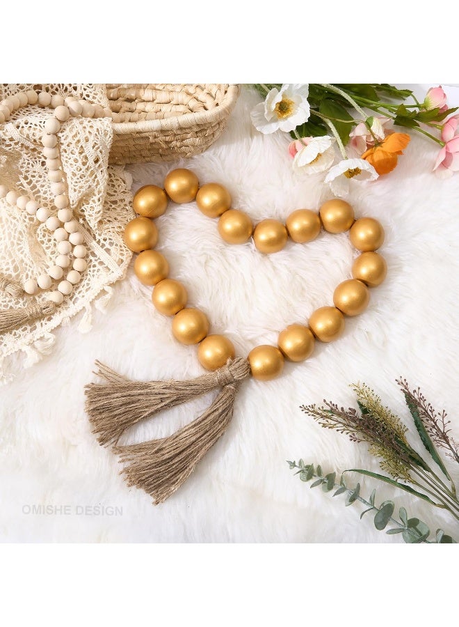 OMISHE OMISHE Large Wood Bead Garland Gold with 1.6'' Diameter Wooden Beads and Tassels, 41'' Long Rustic Farmhouse Country Wood Beads Garland for Home Tiered Tray Decor, Decorative Beads Garland Gold  - Image 2
