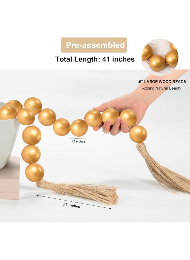 OMISHE OMISHE Large Wood Bead Garland Gold with 1.6'' Diameter Wooden Beads and Tassels, 41'' Long Rustic Farmhouse Country Wood Beads Garland for Home Tiered Tray Decor, Decorative Beads Garland Gold  - Image 3