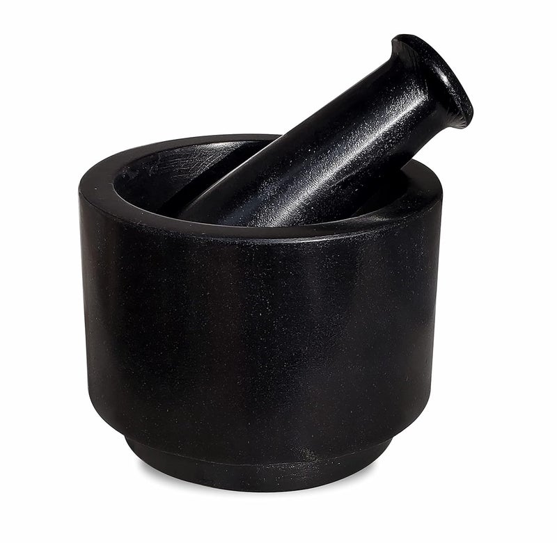 Pure Source India Black Marble Stone Mortar and Pestle Set for Spices Okhli Masher Khalbatta stone Kharal Mixer Natural Traditional Grinder Musal Herbs Griender 4 Inch - Image 1
