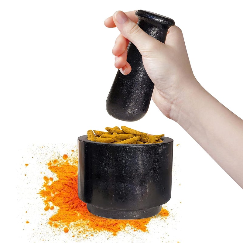 Pure Source India Black Marble Stone Mortar and Pestle Set for Spices Okhli Masher Khalbatta stone Kharal Mixer Natural Traditional Grinder Musal Herbs Griender 4 Inch - Image 2