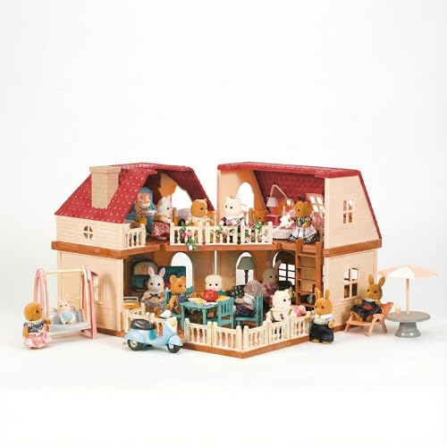 OLEOCA Family Grand Doll House LightUp 2Story Cozy Cabin with Furniture Bunny Figure Complete Dollhouse Playset for Creative Pretend Play Gift for Kids Ages 3 - Image 1