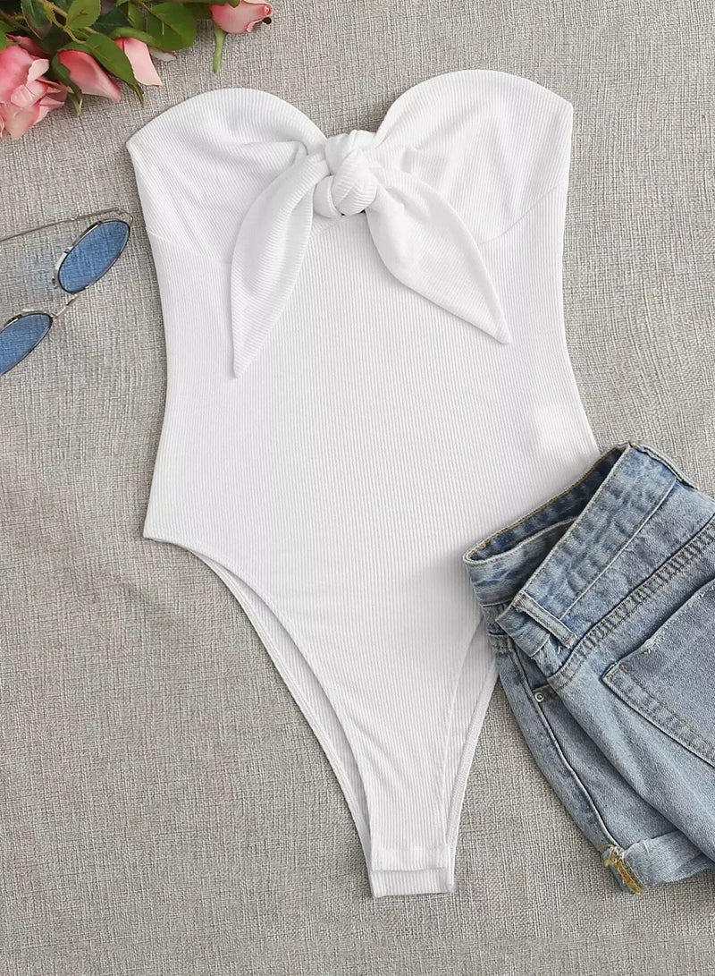 Ribbed Knotted Tube High-Leg Bodysuit - Image 1