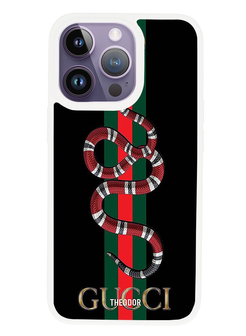 Theodor Protective Case Anti Scratch Shock Proof Cover For APPLE IPHONE 14 PRO MAX Red Snake On Green Strip (White Bumper) - Image 1