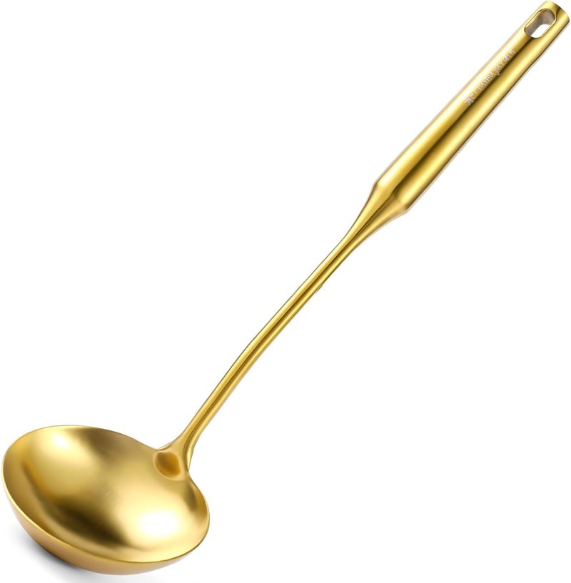 Mamajardin Gold Soup Ladle - 18/10 Stainless Steel Ladle Spoon, 13.8" Large Soup Spoons with Vacuum Ergonomic Round Handle, Durable Metal Kitchen Ladel for Cooking，Serving, Stirring, Sauce, Wok & Soup - Image 1