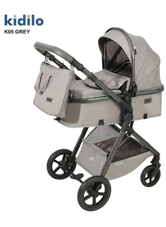 Kidilo 3-In-1 Baby Stroller, Multifunctional Newborn Travel Cabin, One-Hand Folding Baby Stroller For Infants, Toddler High Landscape Stroller with Rubber Wheels, Dinner Plate, Cooling Mat, Mosquito Net and Other Accessories