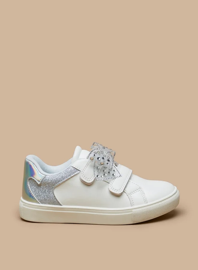 جونيورز Girls Glitter Textured Bow Applique Sneakers with Hook and Loop Closure