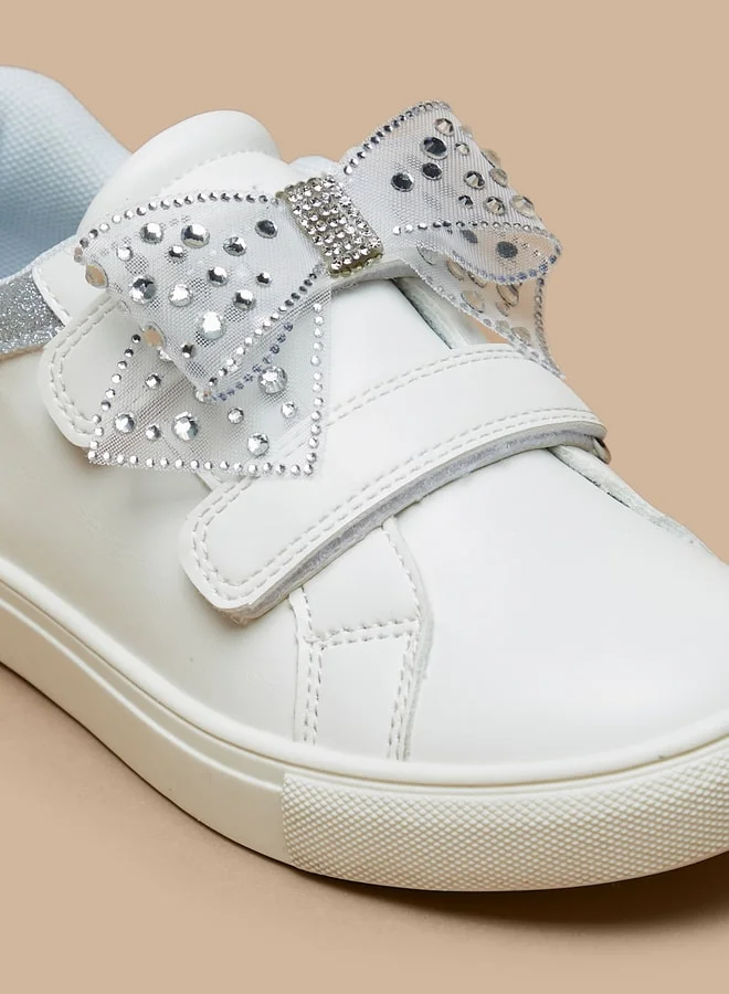 جونيورز Girls Glitter Textured Bow Applique Sneakers with Hook and Loop Closure