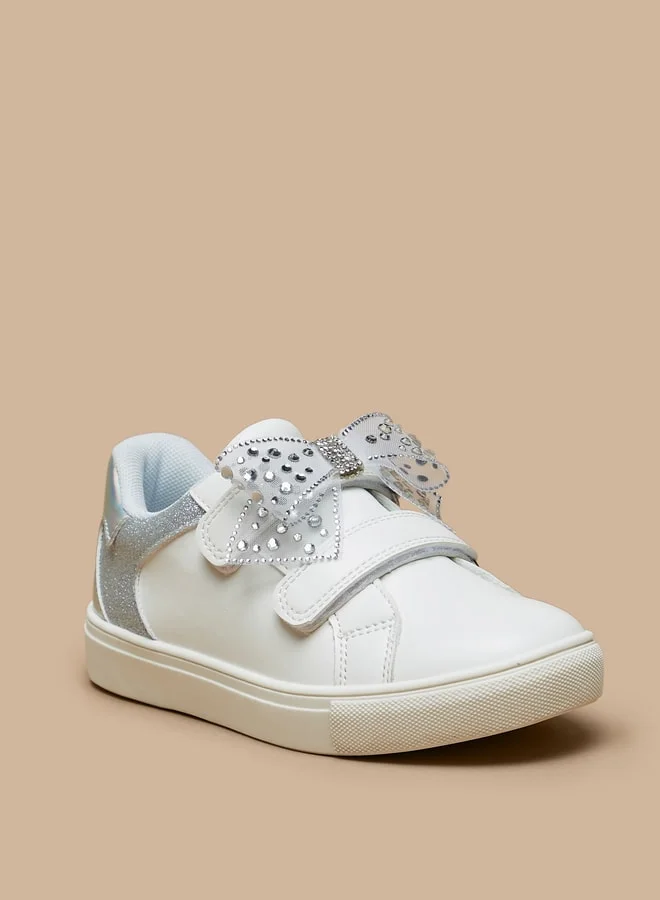 جونيورز Girls Glitter Textured Bow Applique Sneakers with Hook and Loop Closure