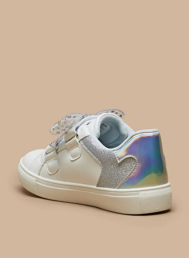 جونيورز Girls Glitter Textured Bow Applique Sneakers with Hook and Loop Closure