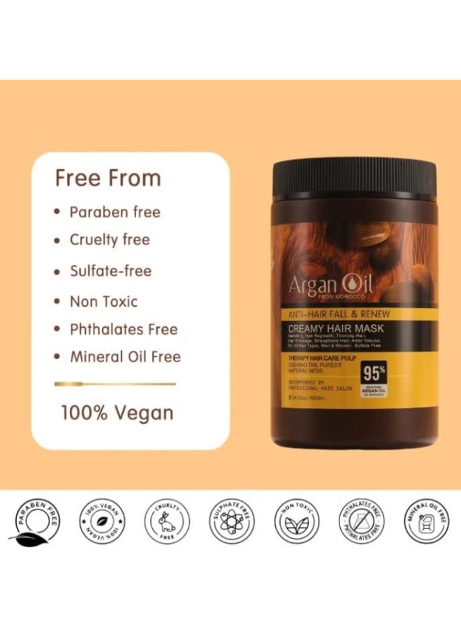 Organ Moroccan Argan Oil Hair Mask, Anti-Hair Fall Creamy Treatment, Natural Vegan Formula, Paraben-Free, Sulfate-Free, Professional Salon Quality, 1000ml - Image 2