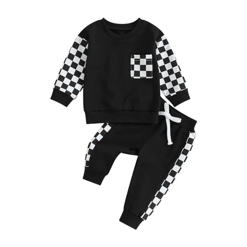 allshope Toddler Baby Boy Fall Outfit Checkerboard Patchwork Long Sleeve Sweatshirts Elastic Waist Pants Cute Newborn Clothes Set Color Black 1824 Months - Image 1