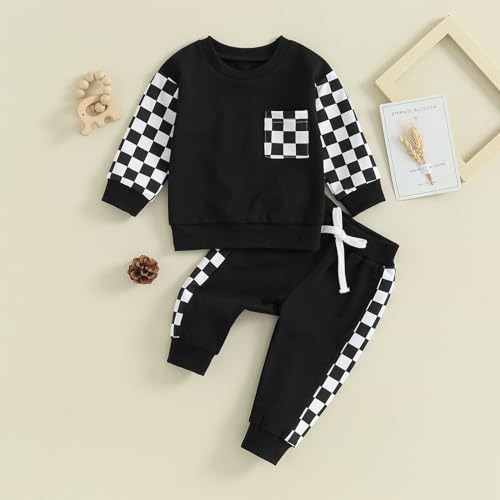 allshope Toddler Baby Boy Fall Outfit Checkerboard Patchwork Long Sleeve Sweatshirts Elastic Waist Pants Cute Newborn Clothes Set Color Black 1824 Months - Image 3