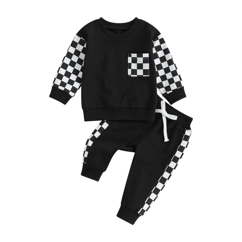 allshope Toddler Baby Boy Fall Outfit Checkerboard Patchwork Long Sleeve Sweatshirts Elastic Waist Pants Cute Newborn Clothes Set Color Black 1824 Months - Image 2