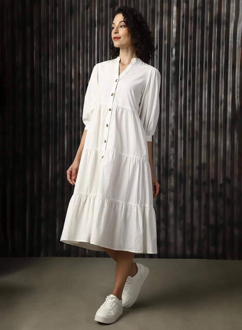 HIGH STAR Women's Off White 100% Cotton Solid Midi A-Line Flared Fit Dress