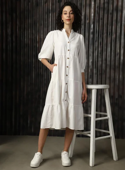 HIGH STAR Women's Off White 100% Cotton Solid Midi A-Line Flared Fit Dress