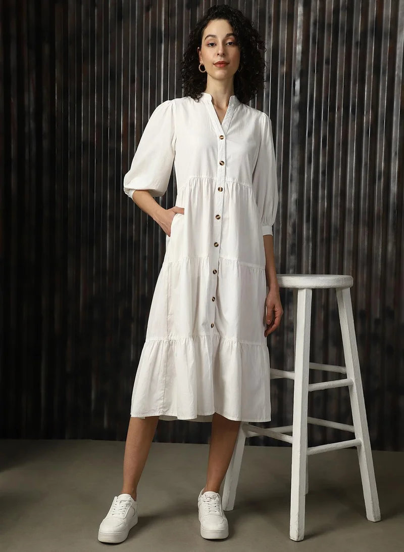 HIGH STAR Women's Off White 100% Cotton Solid Midi A-Line Flared Fit Dress