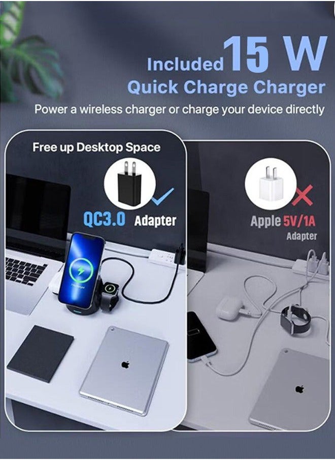 3-in-1 MagSafe Wireless Charging Station for iPhone/iWatch/AirPods:15W Foldable Fast Charge with Safety Features/LED Indicator,Intelligent Power Distribution,Magnetic Phone Stand with 360° Rotation