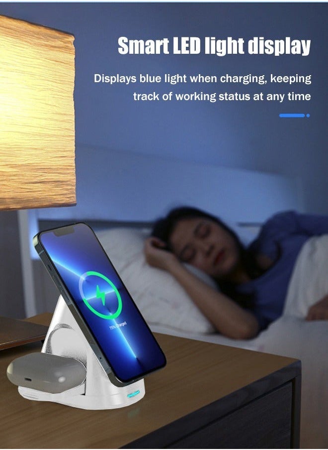 3-in-1 MagSafe Wireless Charging Station for iPhone/iWatch/AirPods:15W Foldable Fast Charge with Safety Features/LED Indicator,Intelligent Power Distribution,Magnetic Phone Stand with 360° Rotation