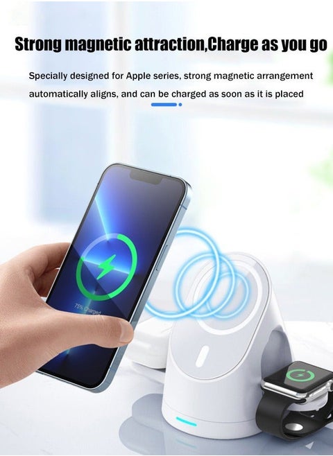 3-in-1 MagSafe Wireless Charging Station for iPhone/iWatch/AirPods:15W Foldable Fast Charge with Safety Features/LED Indicator,Intelligent Power Distribution,Magnetic Phone Stand with 360° Rotation