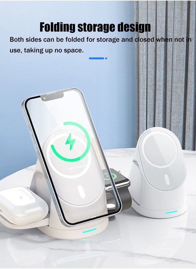 3-in-1 MagSafe Wireless Charging Station for iPhone/iWatch/AirPods:15W Foldable Fast Charge with Safety Features/LED Indicator,Intelligent Power Distribution,Magnetic Phone Stand with 360° Rotation