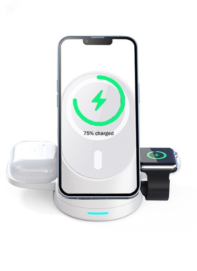 3-in-1 MagSafe Wireless Charging Station for iPhone/iWatch/AirPods:15W Foldable Fast Charge with Safety Features/LED Indicator,Intelligent Power Distribution,Magnetic Phone Stand with 360° Rotation