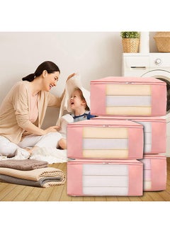 Bukela 70×50cm Large Storage Bags, 5 Pack Clothes Storage Bins Foldable Closet Organizers Storage Containers with Durable Handles Thick Fabric for Blanket Comforter Clothing Bedding 90L (Pink)  - Image 3
